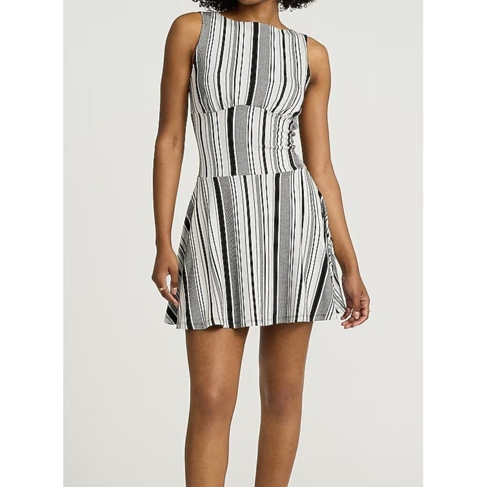 Express Striped Boat Neck Sleeveless Drop Waist Mini Dress - Black/White - M